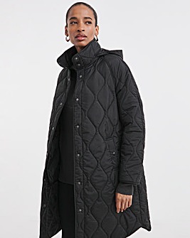 Black Quilt Collar Mid Length Jacket