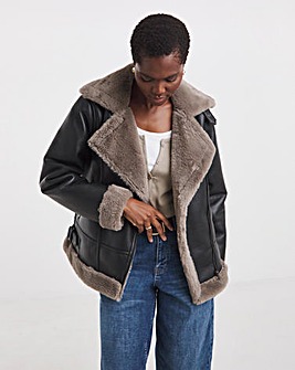 Black Contrast Faux Fur Lined Aviator Jacket