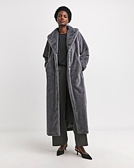 Grey Longline Faux Fur Coat