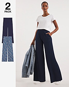 Navy/Printed 2 Pack of Wide Leg Jersey Stretch Trousers