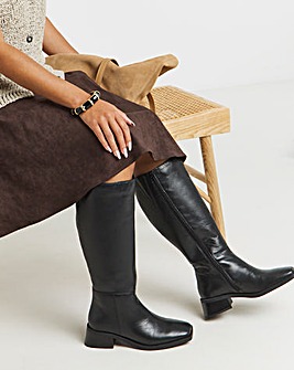 Cressida Low Block Heel Knee High Leather Boots - Wide Fit (E) & Curvy Calf