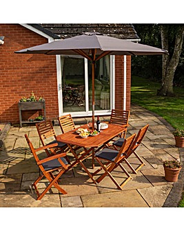 Rowlinson Plumley 6 Seater Dining Set with Grey Cushions & Garden Parasol