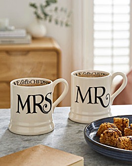 Emma Bridgewater Set of 2 Cream Black Toast Mr & Mrs Half Pint Mugs