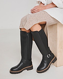 Apollo Knee High Elasticated Boots With Buckle Detail Wide E Fit Curvy Calf