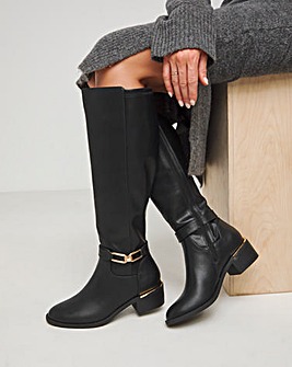 Heavenly Soles Ledger Knee High Boots With Trim Detailing Wide E Fit Curvy Calf