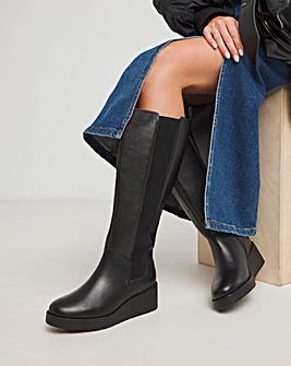 Mars Wedge Knee High Leather Chelsea Boot Wide E Fit Super Curvy