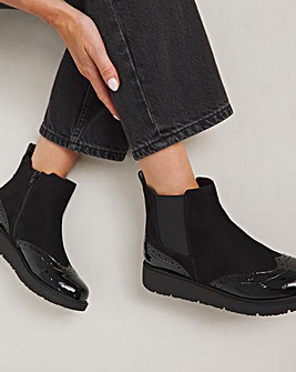 Heavenly Soles Debbie Low Wedge Chelsea Boots with Brogue Detailing Wide E Fit