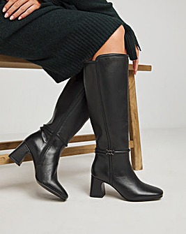 Lainey Leather Knee High Heeled Boots with Trim Wide E Fit Super Curvy Calf