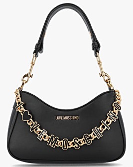 Love Moschino Chain Logo Black Leather Shoulder Bag