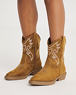 Betsy Western Cowboy Laser Cut Ankle Boots Wide E Fit