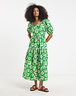 Twisted Wunder Cotton Postcard Print Midi Dress