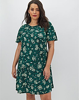 Green Print Short Sleeve Swing Dress