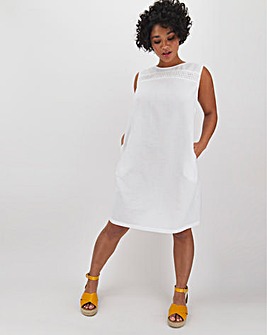 White Crochet Trim Linen Shift Dress