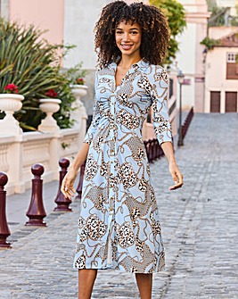 Sosandar Blue Wow Print Ruched Front Midi Dress