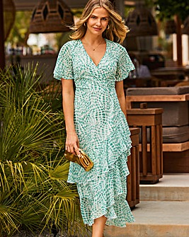 Sosandar Green Fleck Print Chiffon Ruffle Skirt Midi Dress