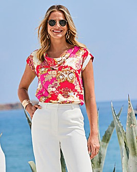 Sosandar Pink & Red Baroque Print Cowl Neck Satin Top