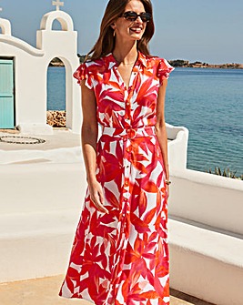 Sosander Pink & Orange Hibiscus Floral Print Shirt Dress