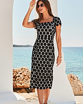 Sosandar Black Contrast Lace Square Neck Midi Dress