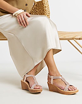 Aziz Sparkly T Bar Wedged Sandals - Wide Fit (E)