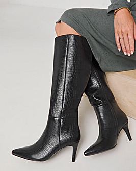 Heavenly Soles Ezra Knee High Heeled Boot With Pointed Toe Extra Wide EEE Fit