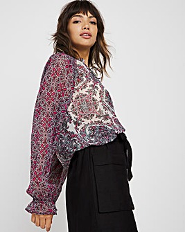 Pink Mixed Print Tie Neck Peasant Blouse