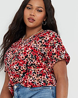 Red Ditsy Floral Print Button Detail Boxy Top