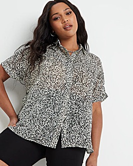 Mixed Animal Print Sheer Dipped Back Shirt With Grown On Short Sleeves