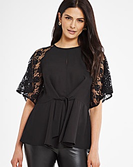 Black Lace Sleeve Knot Blouse