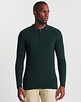 Green Waffle Long Sleeve Zip Knitted Polo