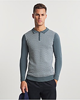 Green Jaquard Long Sleeve Zip Neck Knitted Polo