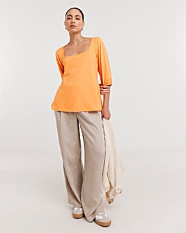 Orange Square Neck Volume Three Quarter Sleeve Top