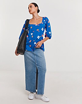 Blue Floral Square Neck Volume Three Quarter Sleeve Top