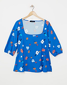 Blue Floral Square Neck Volume Three Quarter Sleeve Top