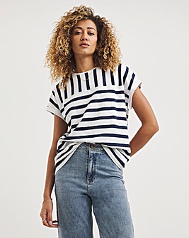Navy Stripe Cotton Slub Short Sleeve Seam Detail Turn Up Cuff T-Shirt
