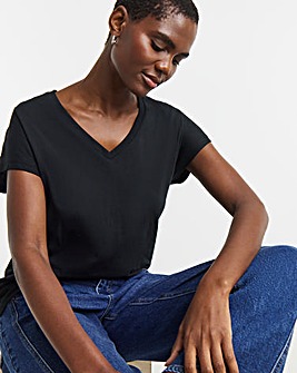 Pure Cotton Black Basic V-Neck Short Sleeve T-Shirt