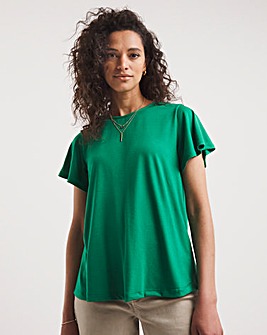 Green Angel Sleeve Dipped Back Crew Neck Top