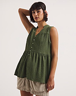 Khaki Textured Tie Neck Button Front Top