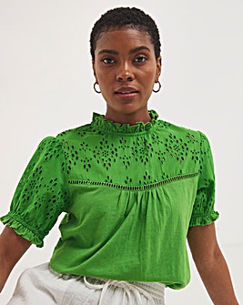 Green Broderie Yoke and Sleeve Detail Top