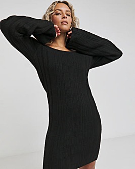 Black Rib Slash Neck Knitted Mini Dress