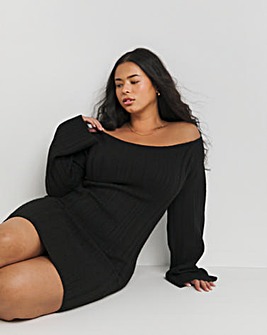 Black Rib Slash Neck Knitted Mini Dress