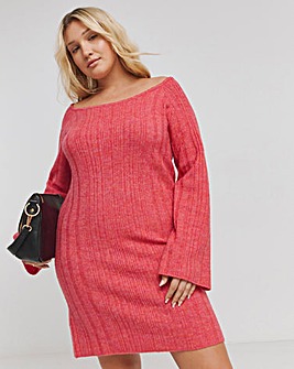 Pink Rib Slash Neck Knitted Mini Dress