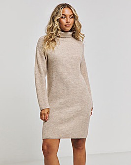 Oatmeal Roll Neck Knitted Mini Dress