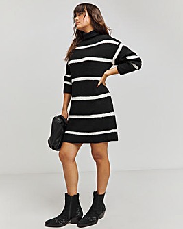 Mono Stripe Roll Neck Knitted Mini Dress