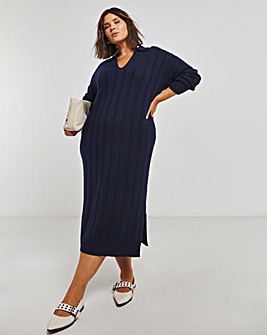 Navy Rib Collar Knitted Midaxi Dress