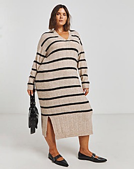 Oatmeal Stripe Rib Collar Knitted Midaxi Dress