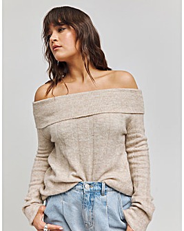 Oatmeal Rib Bardot Jumper