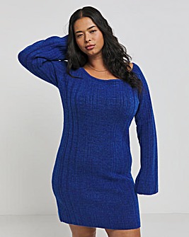 Blue Rib Slash Neck Knitted Mini Dress