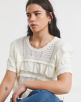 Ivory Pointelle Broderie Mix Knitted Top