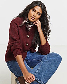 Cosy Yarn Wine Crew Neck Ribbed Cardigan