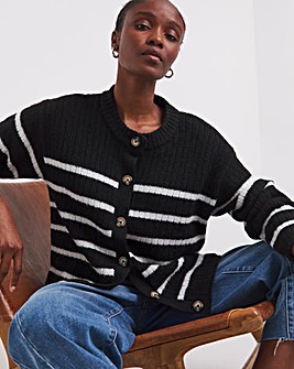 Simply Be Cosy Yarn Mono Stripe Crew Neck Ribbed Cardigan